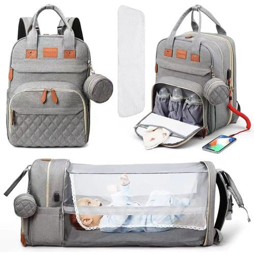 Foldable 3-in-1 Diaper Bag Mother And Baby Bag With USB Charging - Gray
